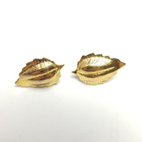 Vintage Gold Tone Puffy Leaf Shape Clip On Screw Back Earrings, Retro, Shiny - Picture 6 of 6